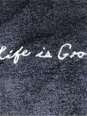 ‘Life Is Good’ Charcoal Gray Sweater/Tee with White embroidered Logo at hip.